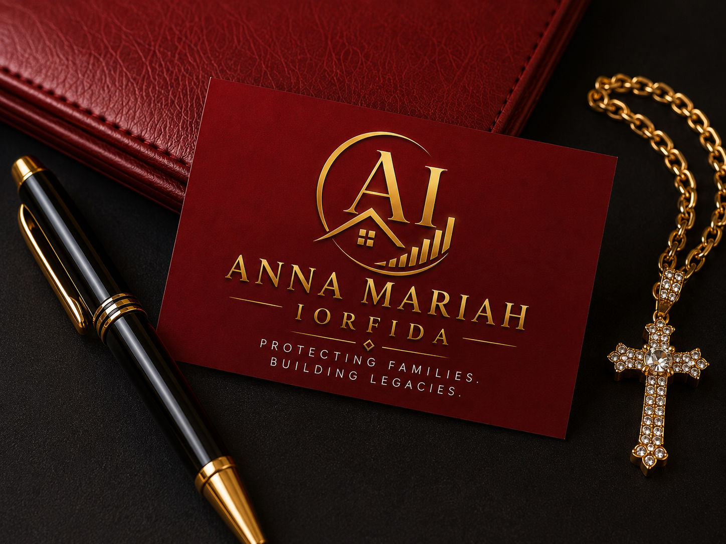 Anna Mariah Iorfida business card with gold foil logo