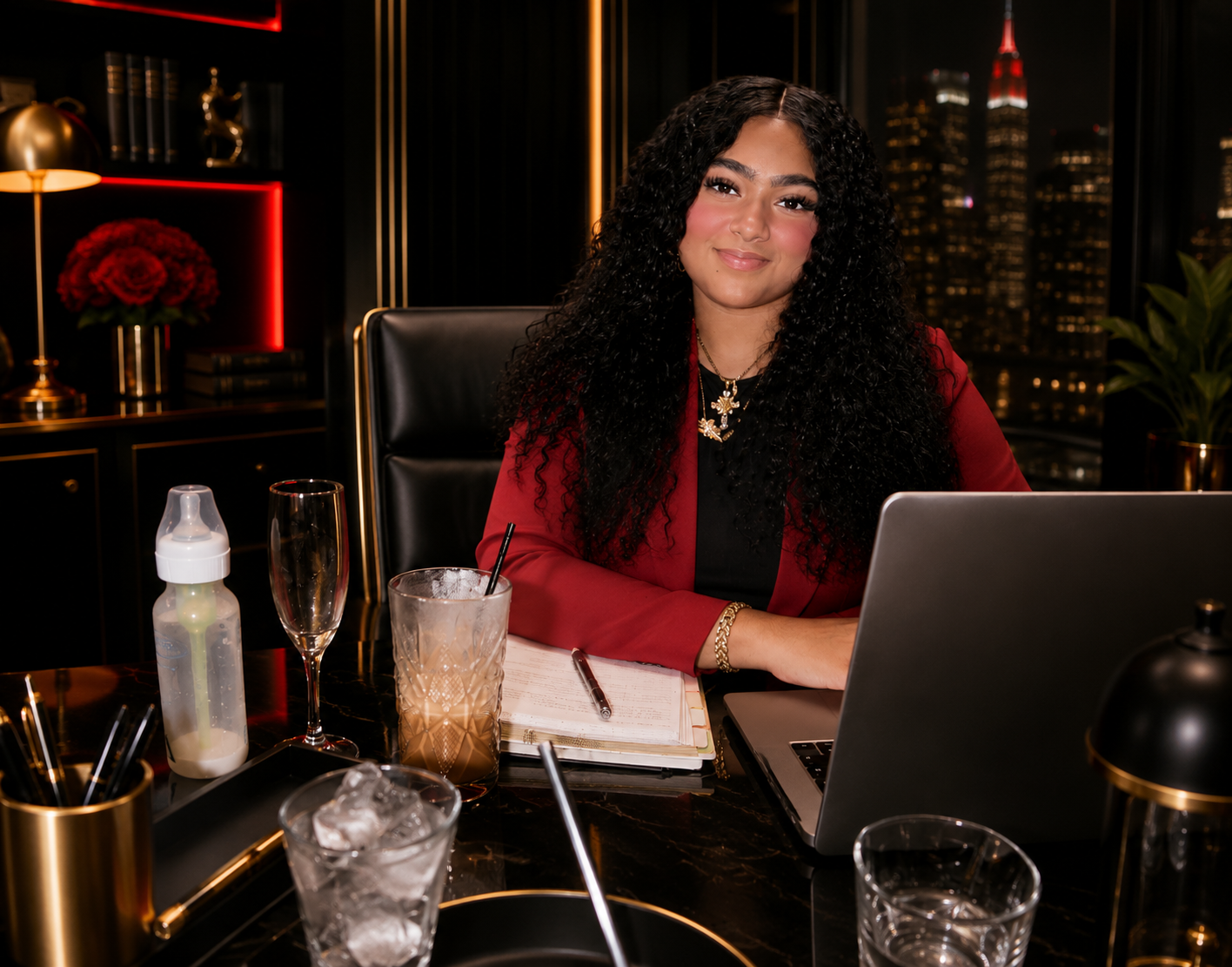 Anna Mariah Iorfida at her desk overlooking the New York skyline